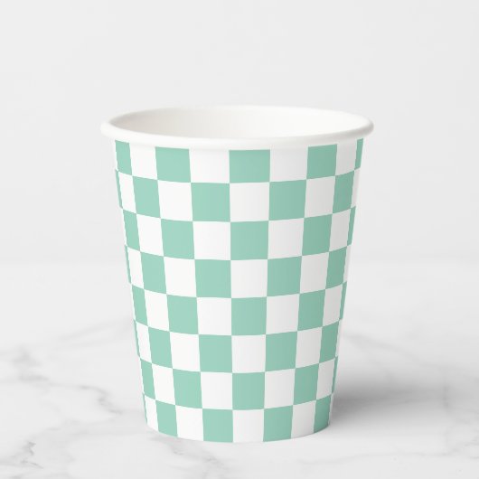 White & Teal Checkerboard Paper Cups 紙コップ (正面)