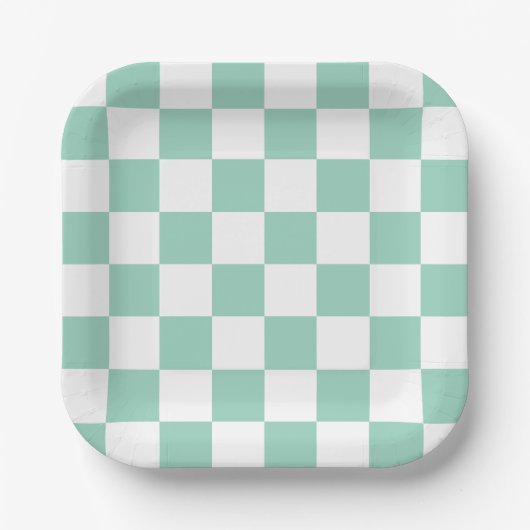 White & Teal Checkerboard Paper Plates ペーパープレート (正面)