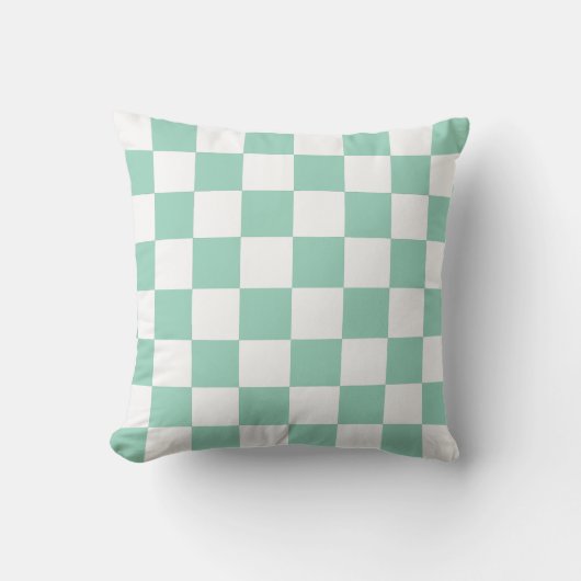 White & Teal Checkerboard Pattern Throw Pillow クッション (正面)