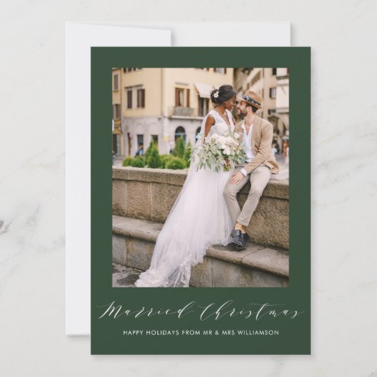 white thin script holiday wedding announcement シーズンカード (正面)