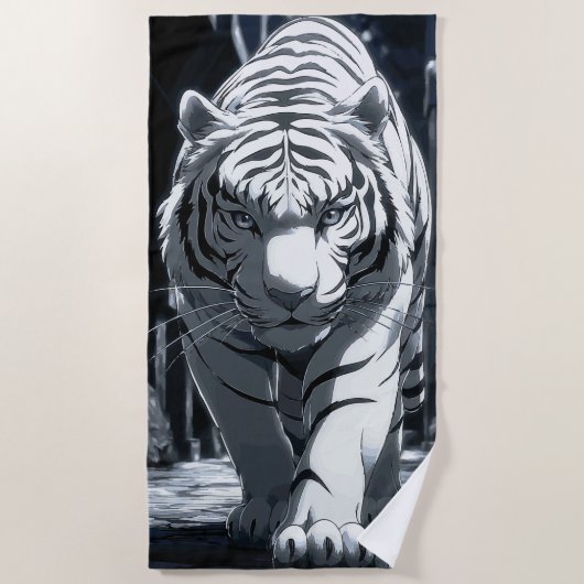 White Tiger Dark Forest Illustration ビーチタオル (正面)