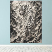 White Tiger Engraved Ink Style - Oriental Guardian キャンバスプリント (インサイチュ (ウッドフロア))