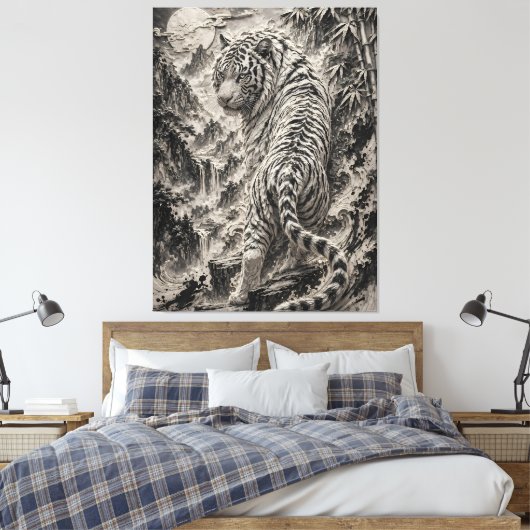 White Tiger Engraved Ink Style - Oriental Guardian キャンバスプリント (インサイチュ (寝室))