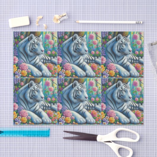 White Tiger in Forest w/Flowers Decoupage 薄葉紙 (クラフト)
