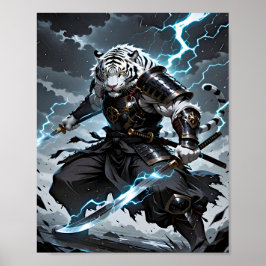 White Tiger Samurai Warrior Blue Lightning Fantasy ポスター