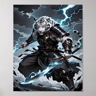 White Tiger Samurai Warrior Blue Lightning Fantasy ポスター