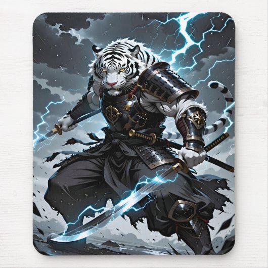 White Tiger Samurai Warrior Blue Lightning Gaming マウスパッド (正面)