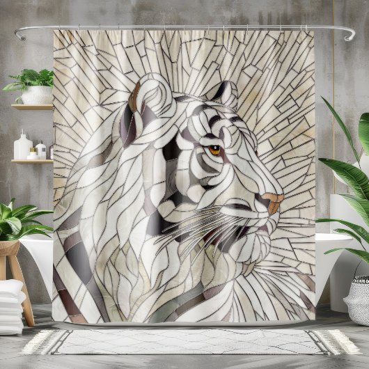 White tiger - Stained Glass Mosaic Digital Art シャワーカーテン