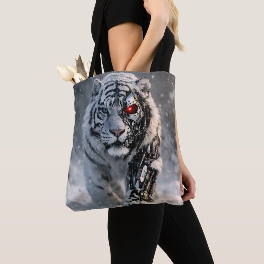 White Tiger tote bag, cyber wildlife sci-fi fashio トートバッグ (クローズアップ)