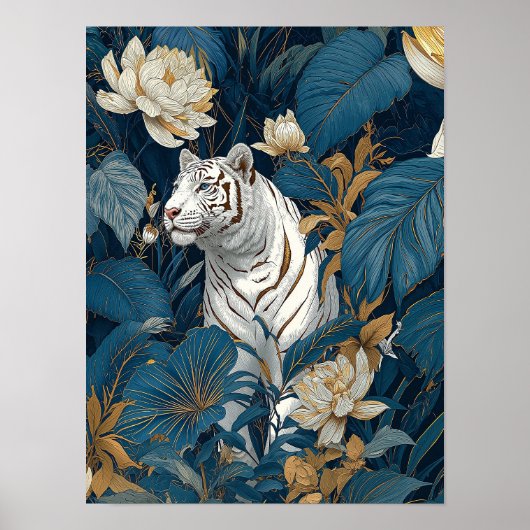 White Tiger Wall Art Print | Jungle Botanical ポスター (正面)