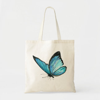 White Tote Bag with Blue Butterfly & Blue Flowe トートバッグ