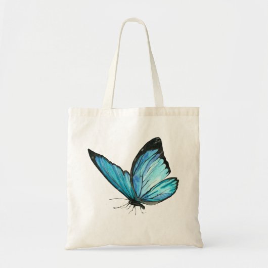 White Tote Bag with Blue Butterfly & Blue Flowe トートバッグ (正面)