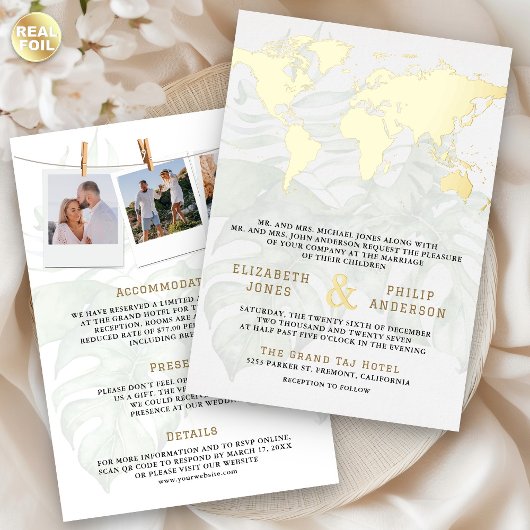 White Tropical Destination World Map Wedding Gold 箔招待状