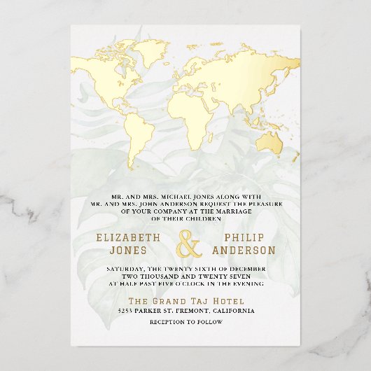 White Tropical Destination World Map Wedding Gold 箔招待状 (正面)