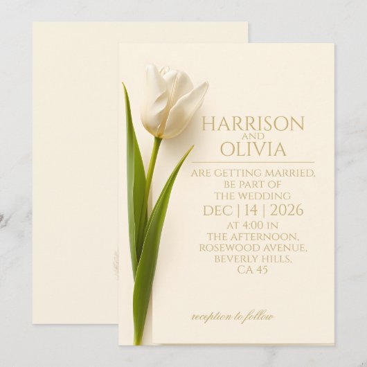 White Tulip Minimal Elegant Modern Wedding 招待状 (正面/裏面)