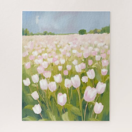 White Tulips Flower Field Painting ジグソーパズル (縦)