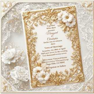 White Tulips Gold Ornate Baroque Grandeur Wedding  招待状