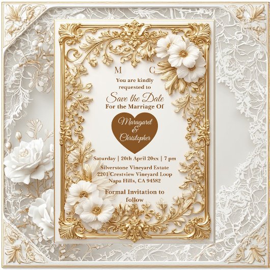 White Tulips Gold Ornate Baroque Save The Date 
