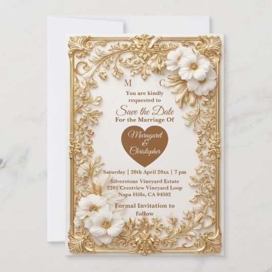 White Tulips Gold Ornate Baroque Save The Date  (正面)