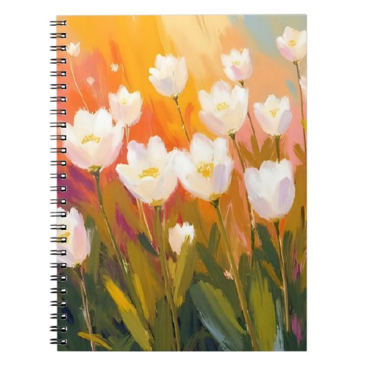 White Tulips Watercolor Flower Field Painting ノートブック (正面)
