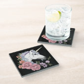 White Unicorn and Flowers ガラスコースター (アングル)