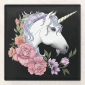 White Unicorn and Flowers ガラスコースター (正面)