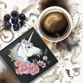 White Unicorn and Flowers ガラスコースター