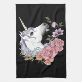 White Unicorn and Flowers キッチンタオル (縦)