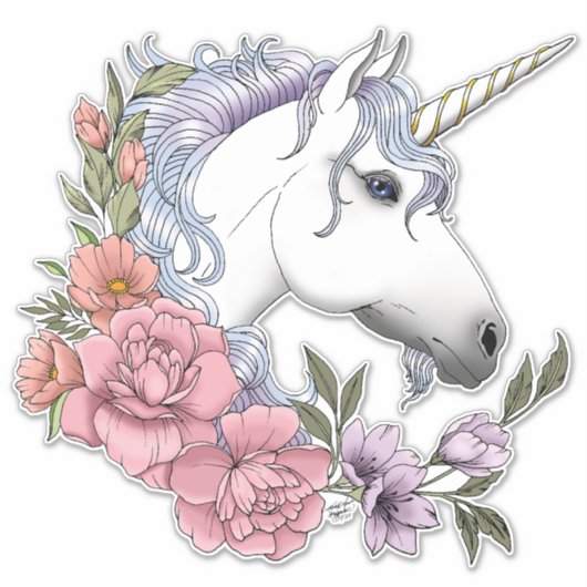 White Unicorn and Flowers シール (正面)