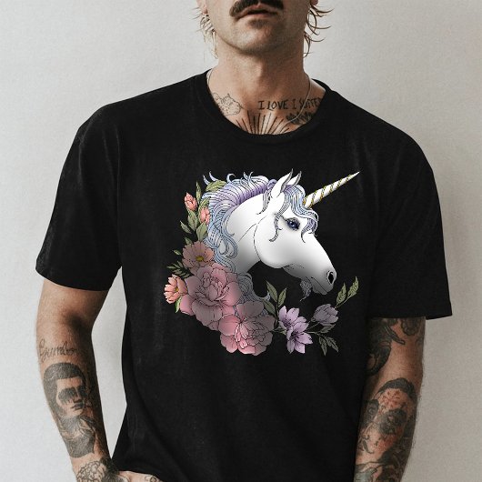 White Unicorn and Flowers Tシャツ