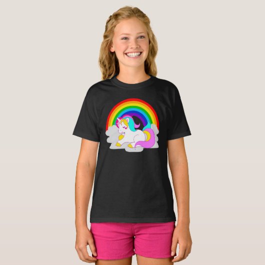 White Unicorn on Cloud Rainbow Girls'Dark T-Shirt Tシャツ (正面フル)