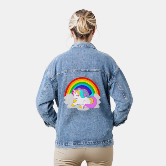 White Unicorn on Cloud Rainbow Women's デニムジャケット (モデル)