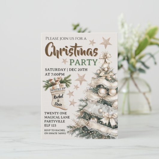 White vintage Christmas party invitation  招待状 (スタンド正面)