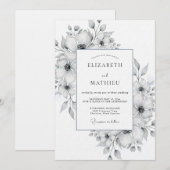 White Watercolor Floral Romance Wedding 招待状 (正面/裏面)