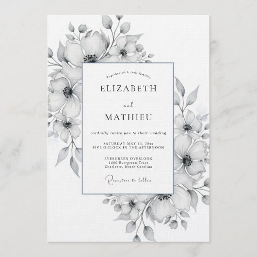 White Watercolor Floral Romance Wedding 招待状 (正面)