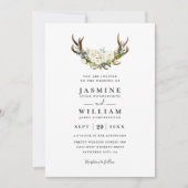 White Watercolor Flowers Antlers QR Code Wedding 招待状 (正面)