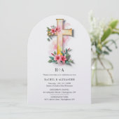 White Watercolor Pastel Floral Cross-Shape Wedding 招待状 (スタンド正面)