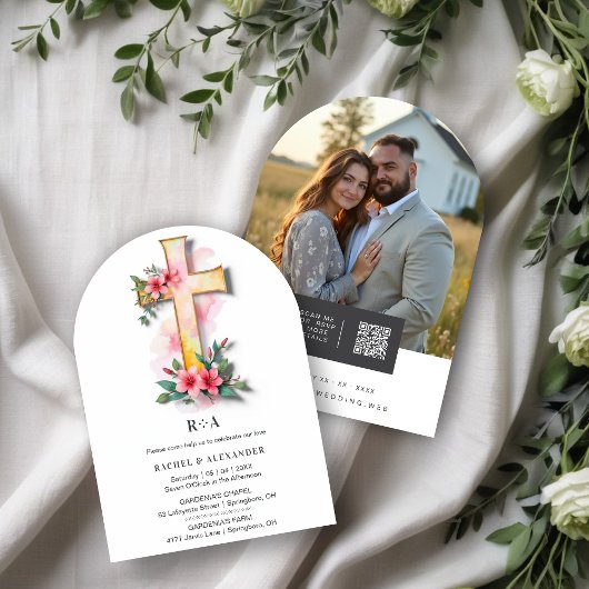 White Watercolor Pastel Floral Cross-Shape Wedding 招待状