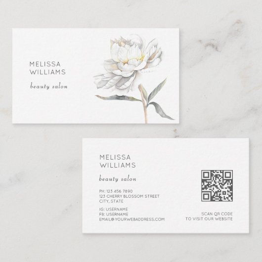 White Watercolor Peony Flower 名刺 (正面/裏面)