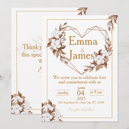 White Wedding Invite with Elegant Heart & Roses 招待状 (正面/裏面)