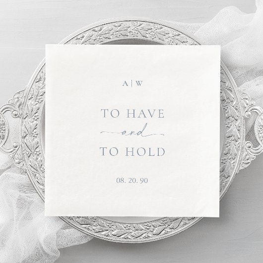 White Wedding Napkin with Dusty Blue Text