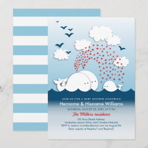 White Whales Cute Couples Baby Shower Invite 招待状
