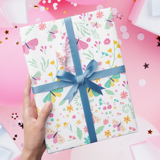 White Whimsical Garden Butterfly Girls Birthday ラッピングペーパー
