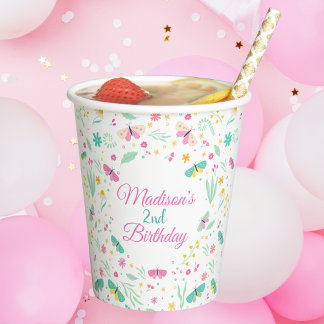 White Whimsical Garden Butterfly Girls Birthday 紙コップ
