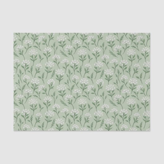 White Wildflower Clusters Sage Green Botanical 薄葉紙 (正面)