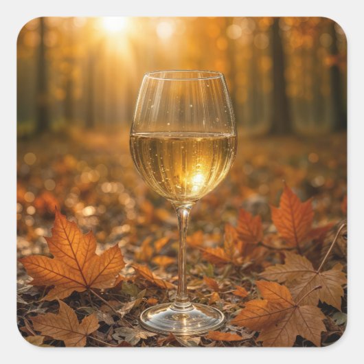 White Wine Glass In Autumn Maple Leaves スクエアシール (正面)