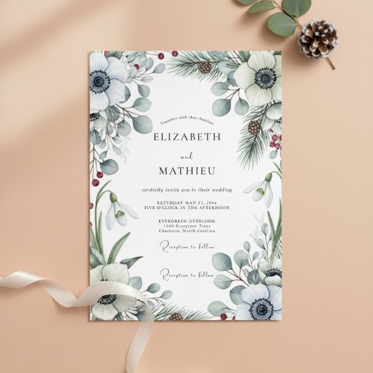 White Winter Botanical Romance Wedding 招待状