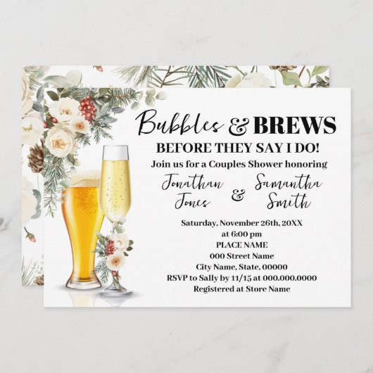 White Winter Floral Bubbles & Brews Bridal Shower 招待状 (正面/裏面)