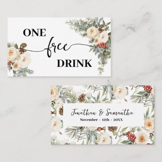 White Winter Floral Free Drink Wedding Ticket Card 割引カード (正面/裏面)