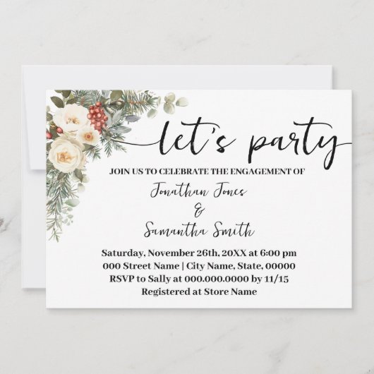 White Winter Floral Let's Party Engagement 招待状 (正面)